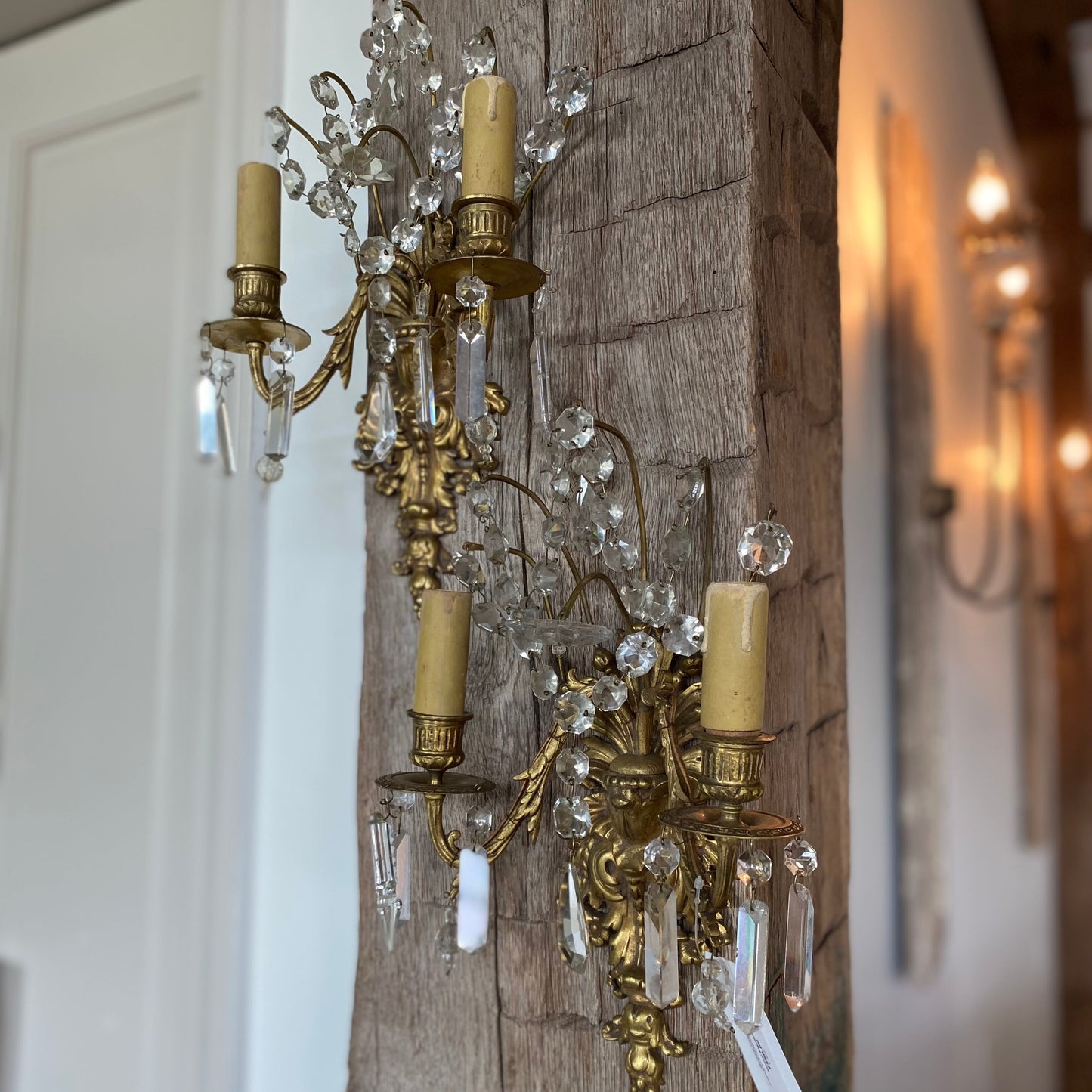 French Brass & Crystal Sconces (Pair)