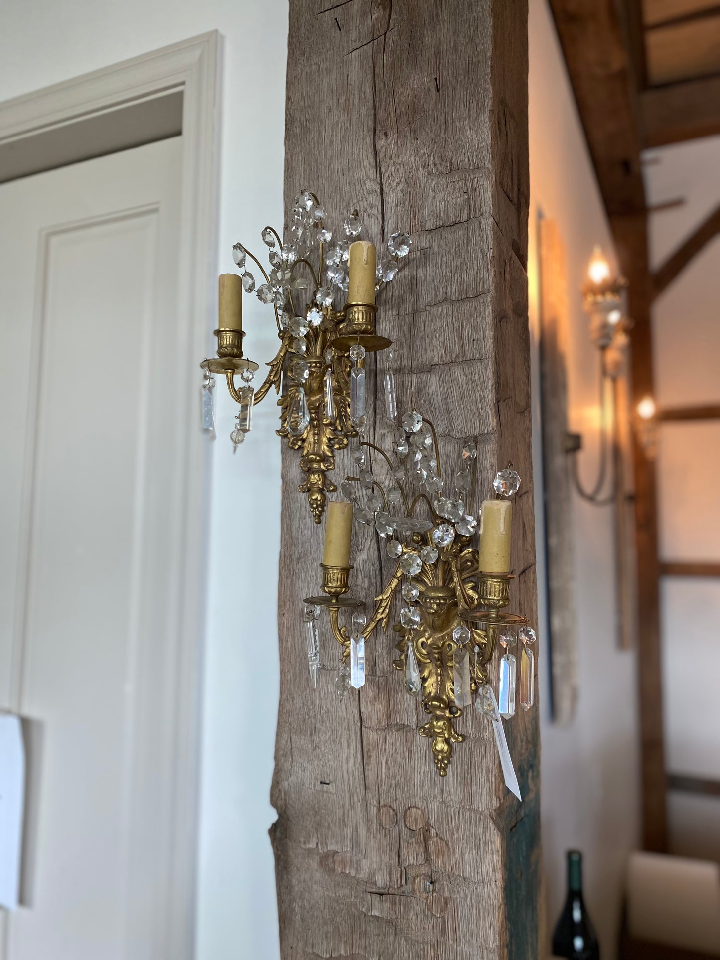 French Brass & Crystal Sconces (Pair)