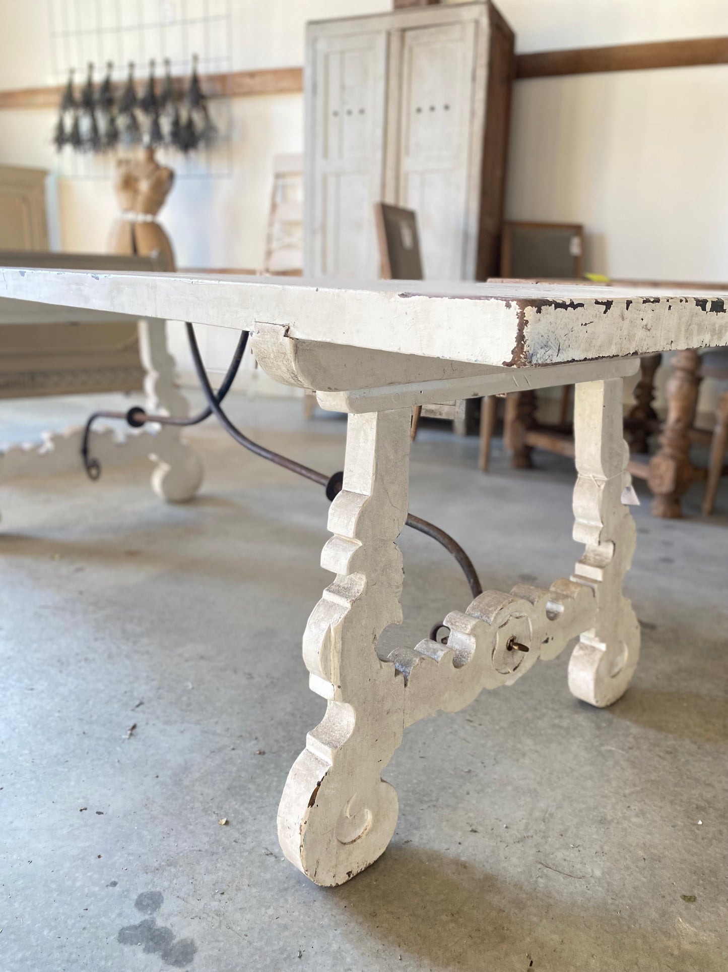 French White Table w/ Black Iron Details
