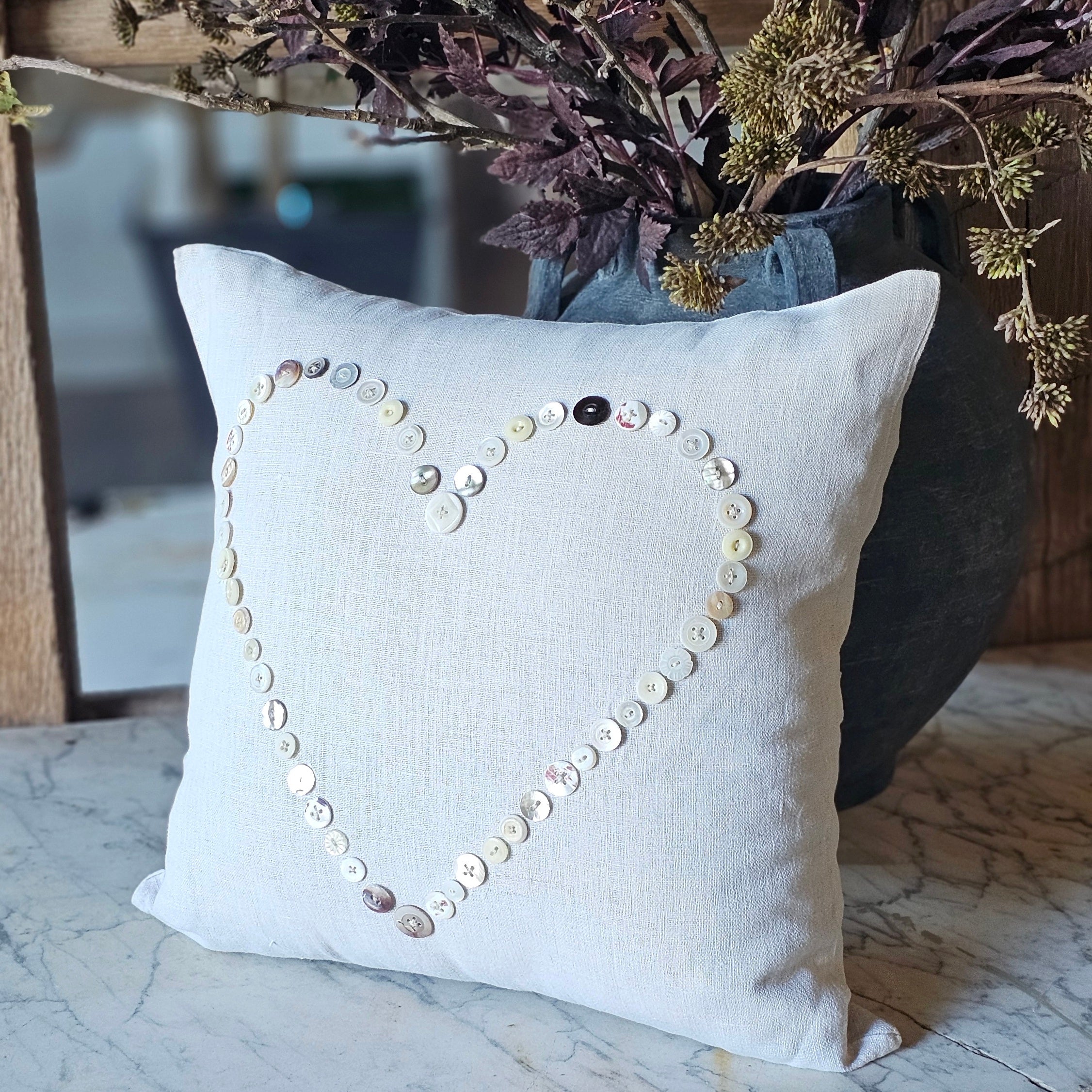 Linen Pillow with Button Hearts