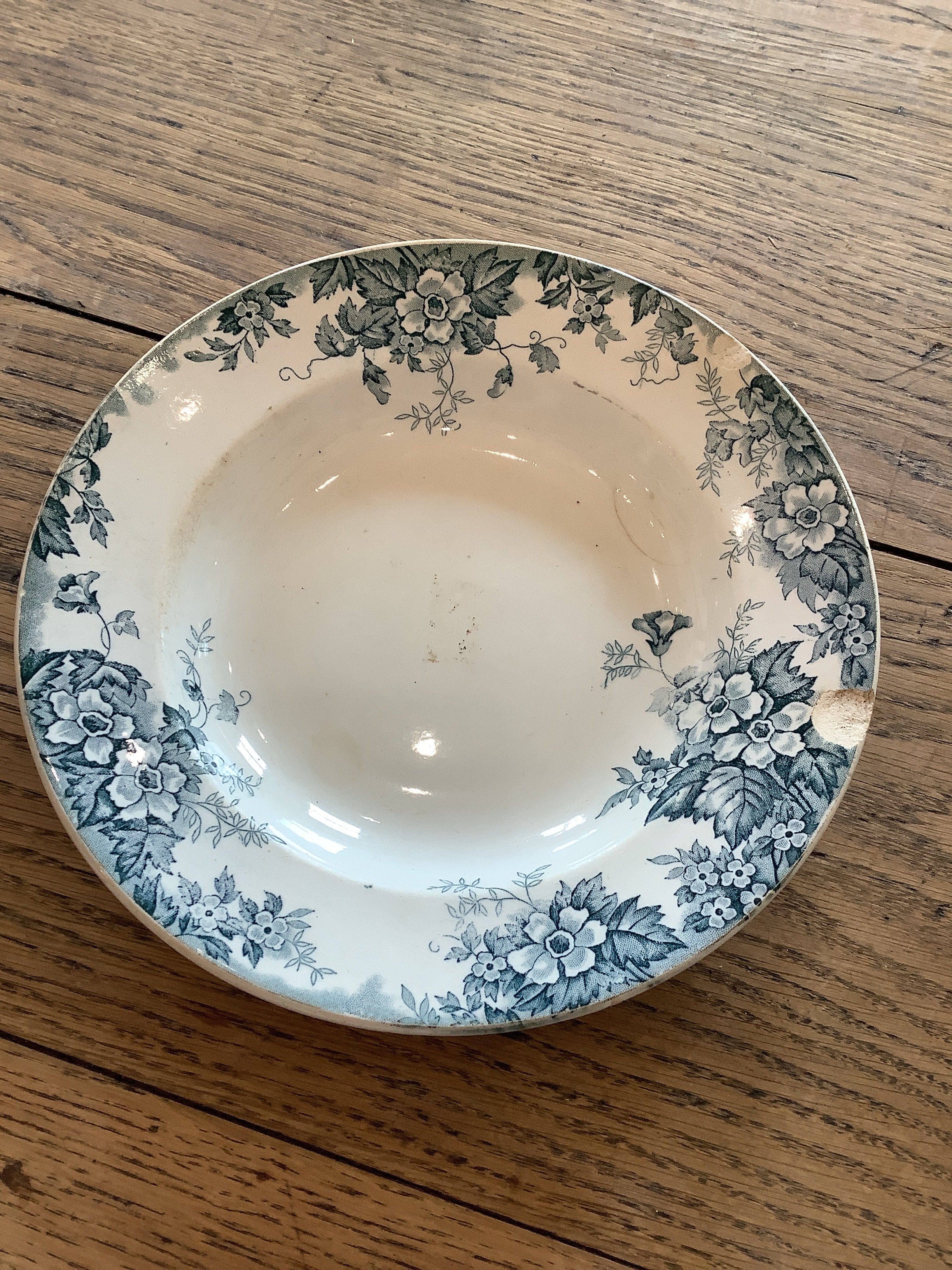 Green Floral Ironstone Soup Plate