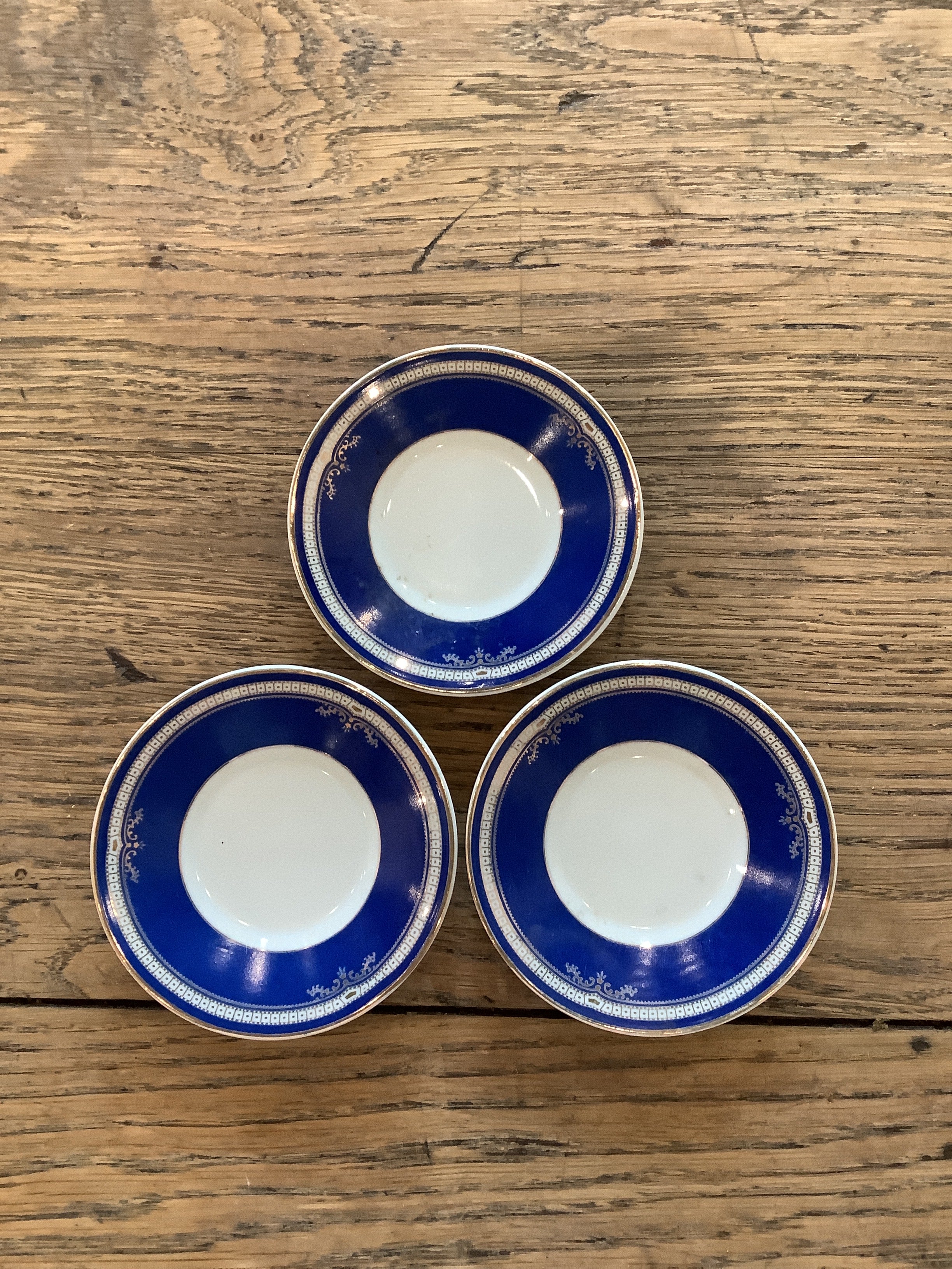 Set of 3 Blue Dishes with Gold Trim