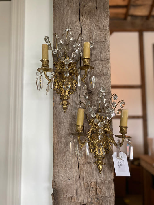 French Brass & Crystal Sconces (Pair)