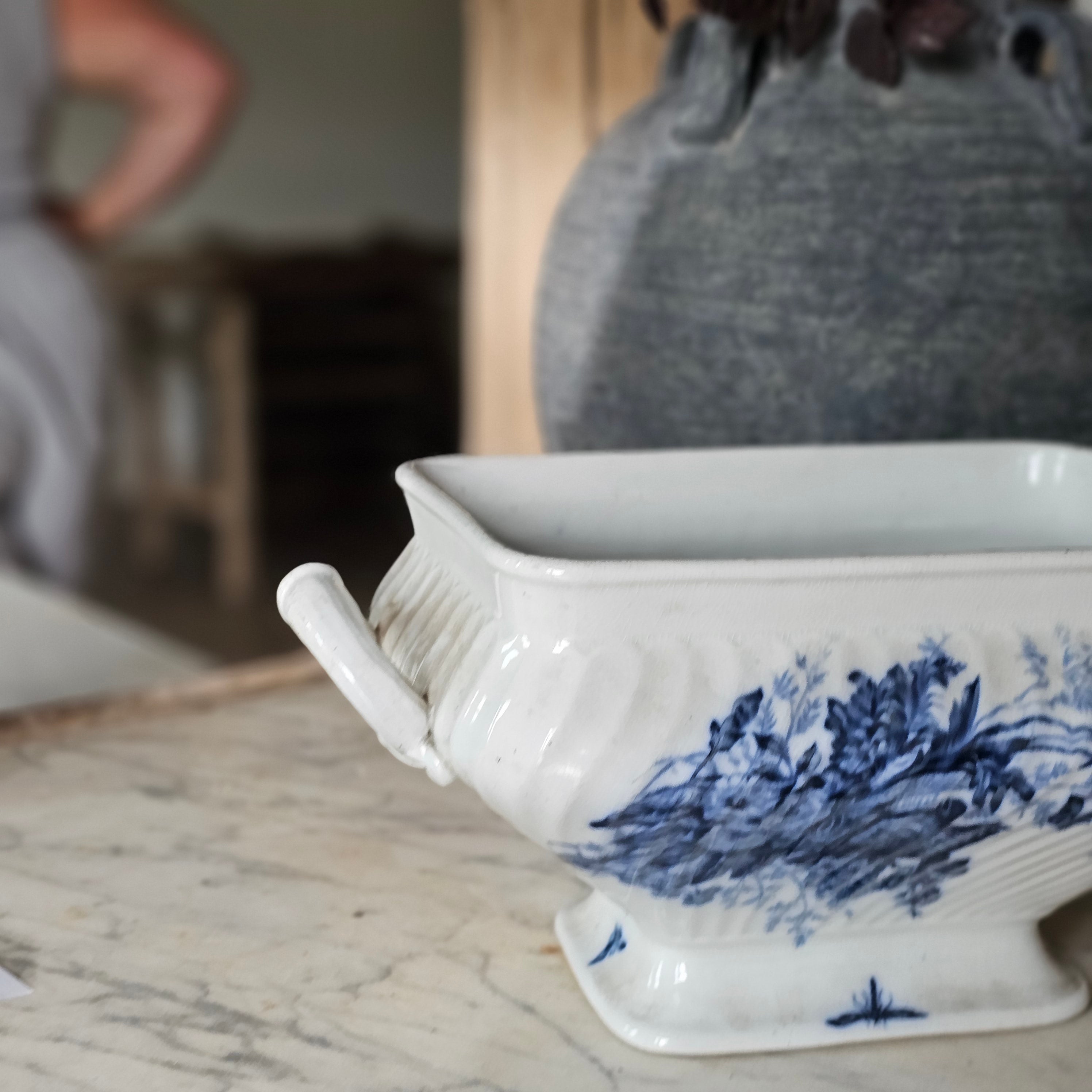 Blue Transferware Tureen with Birds
