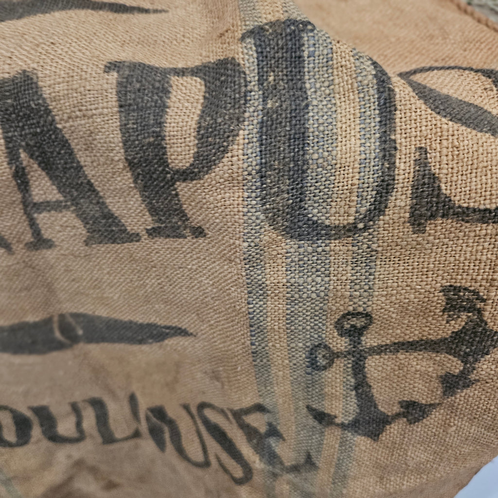 Stenciled Burlap Sack with Blue Stripe