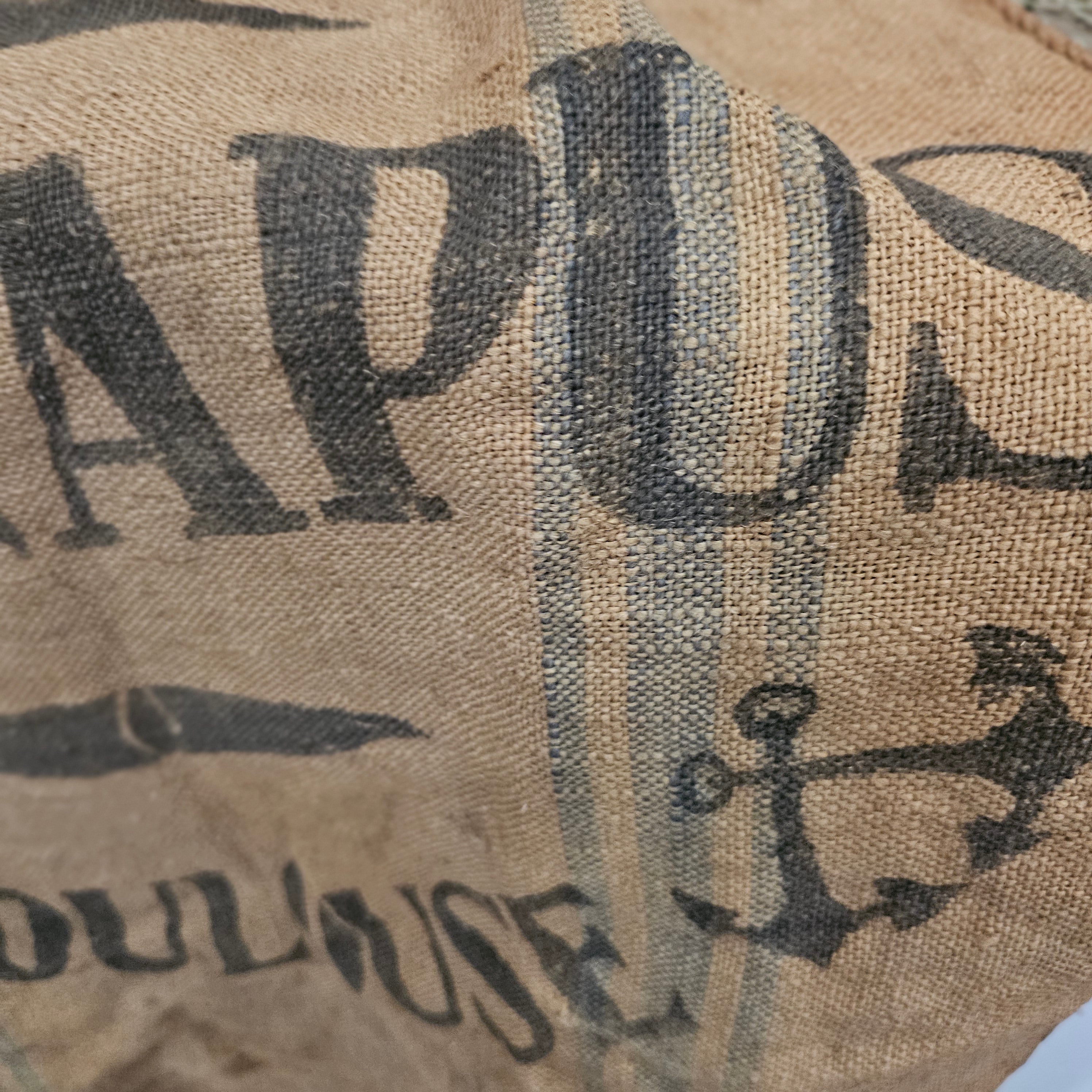 Stenciled Burlap Sack with Blue Stripe