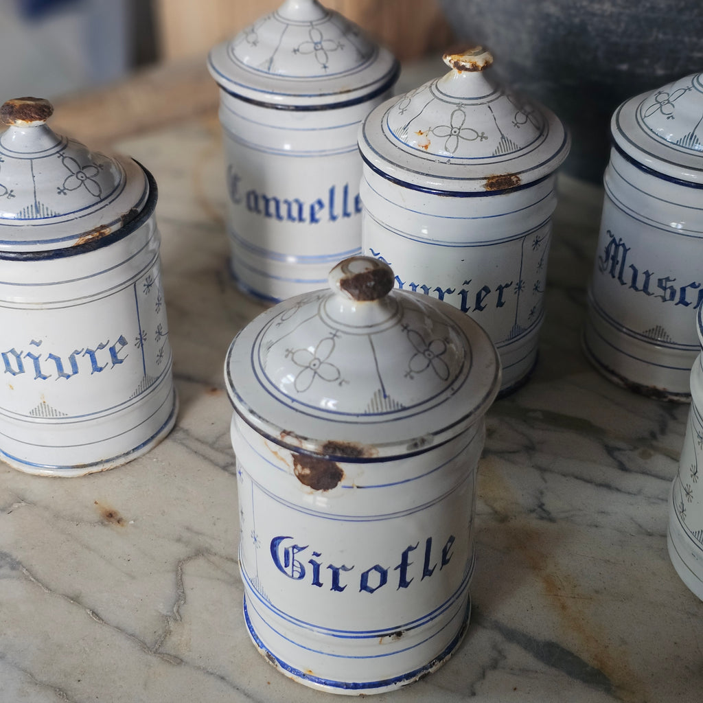 Set of 7 Enamel Spice Canisters