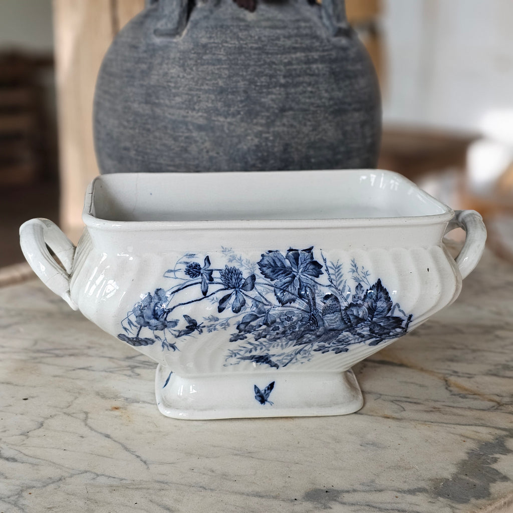 Blue Transferware Tureen with Birds