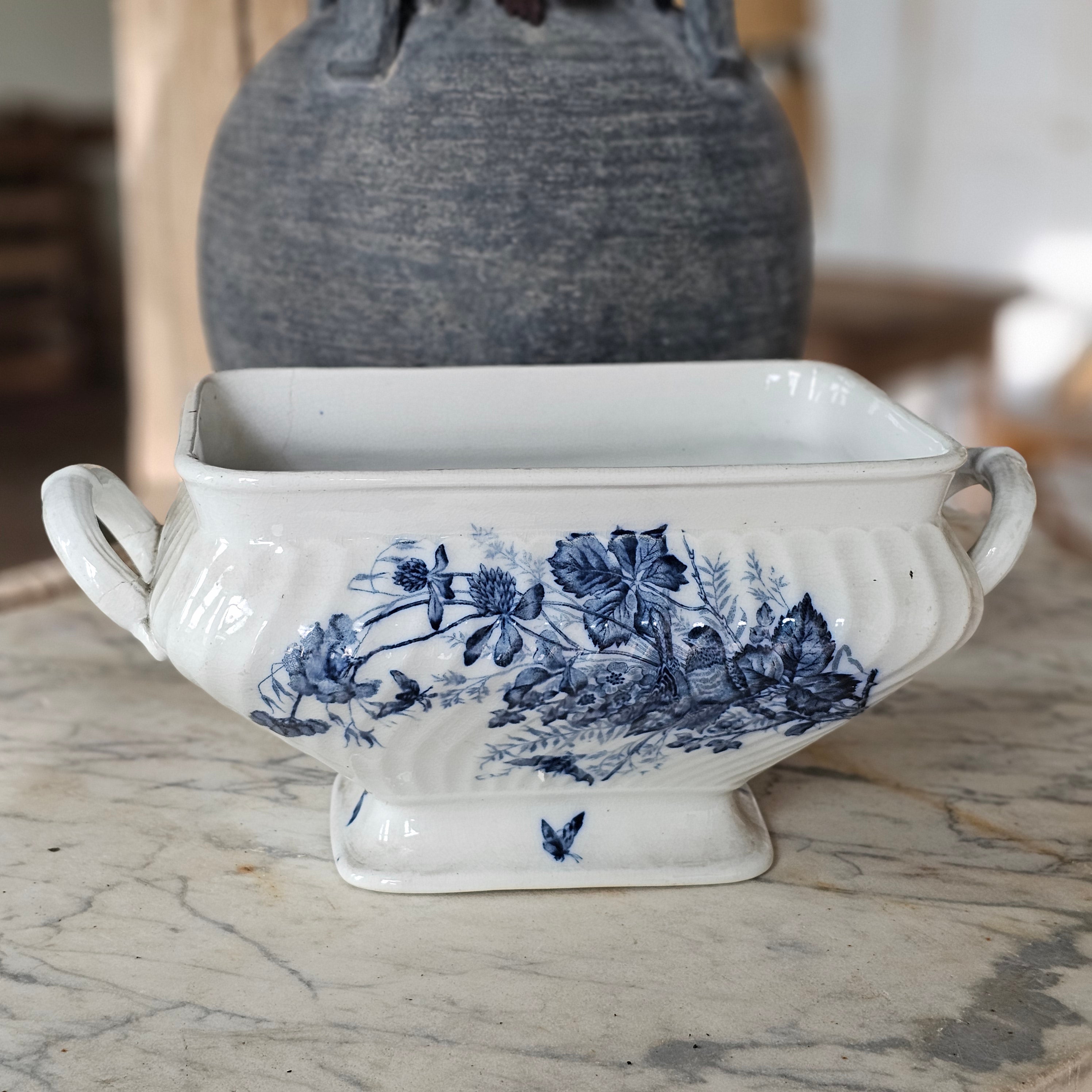 Blue Transferware Tureen with Birds