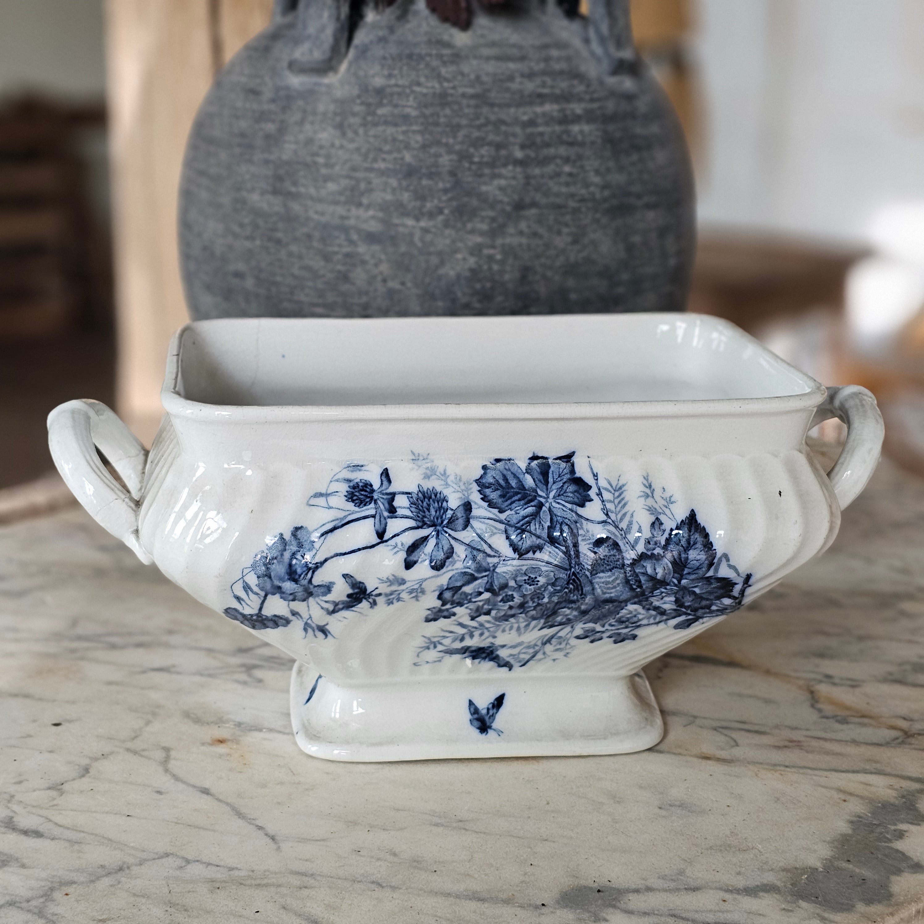 Blue Transferware Tureen with Birds