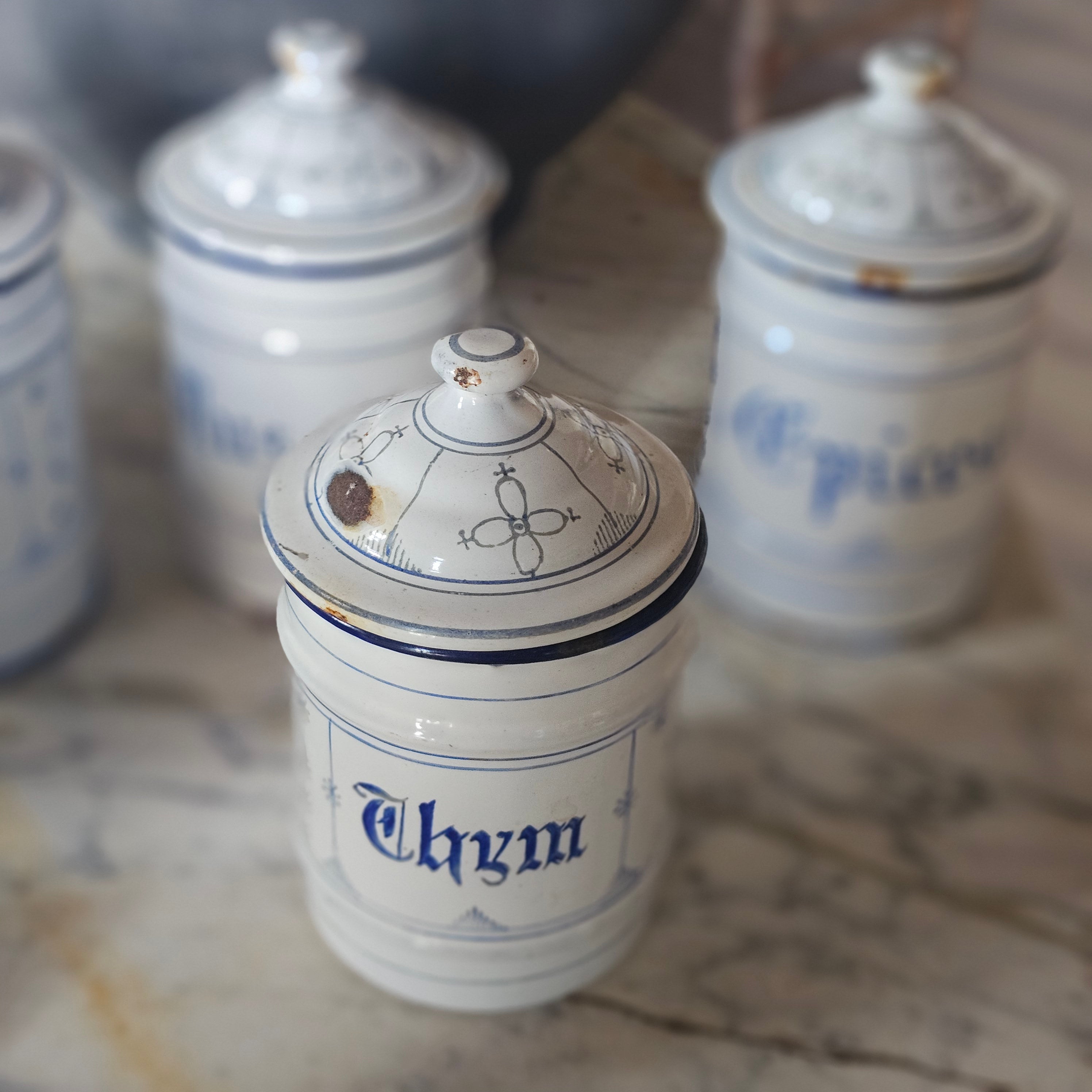 Set of 7 Enamel Spice Canisters
