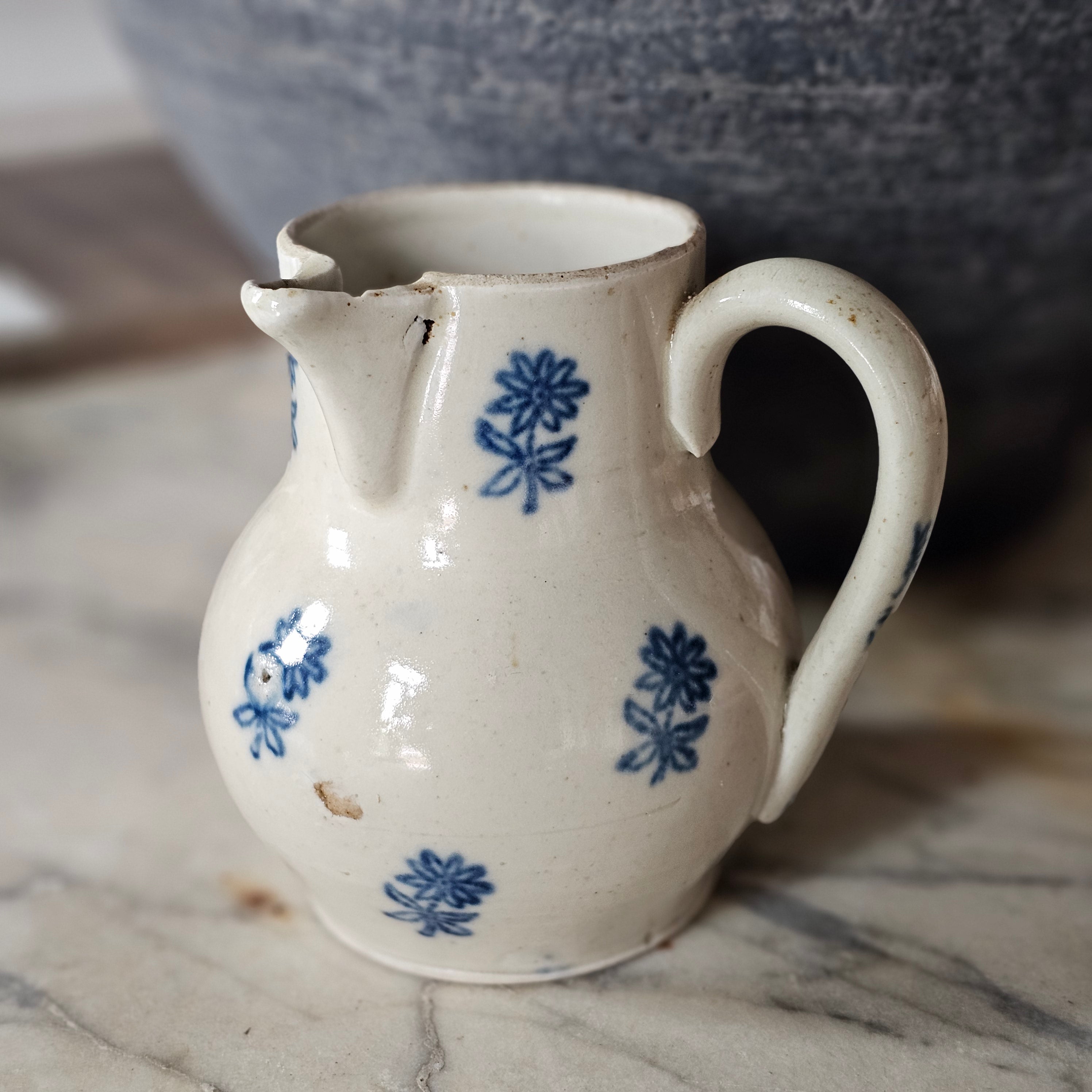 Blue Floral Transferware Creamer (4")